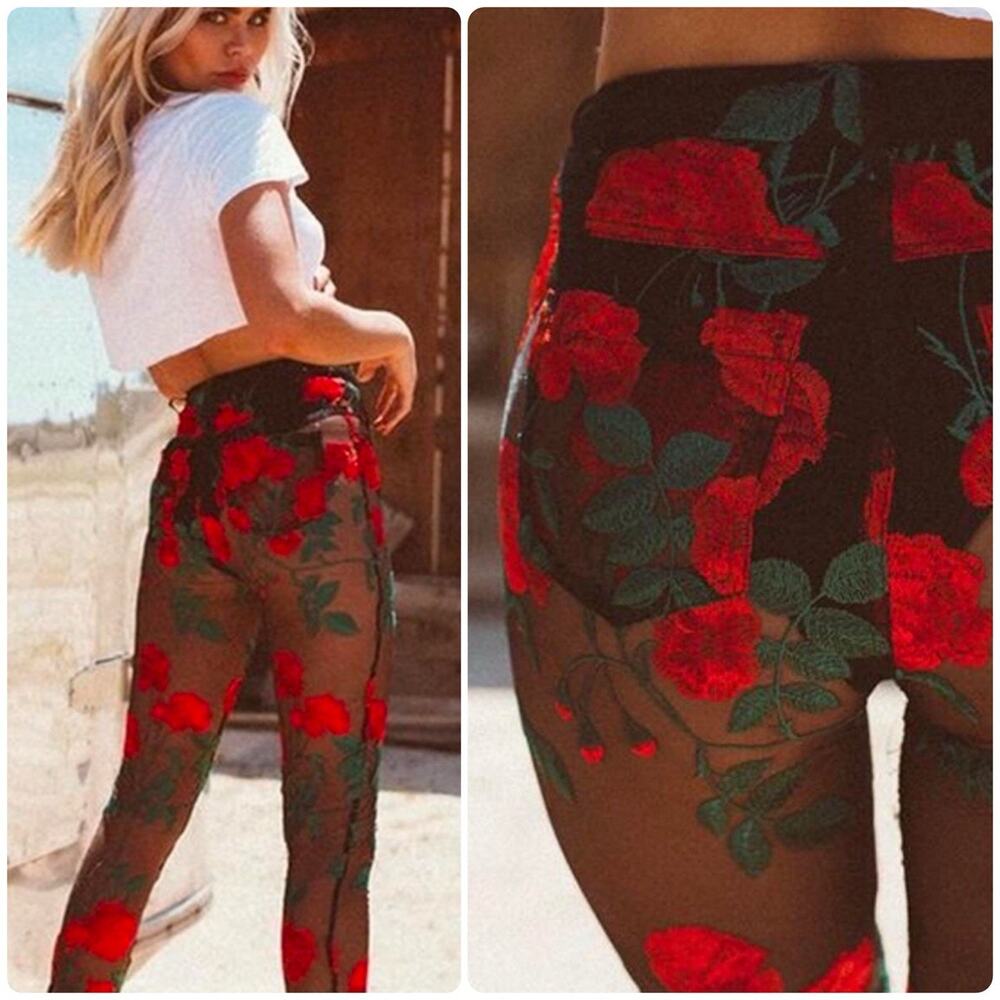 JAGGER & STONE Sheer Red Rose Embroidered Mesh Pants Zip Ankles Floral Size S - Picture 2 of 11